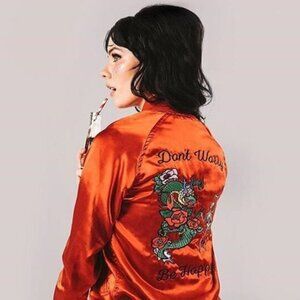 VALFRE Don't Worry Be Happy red satin retro style bomber jacket